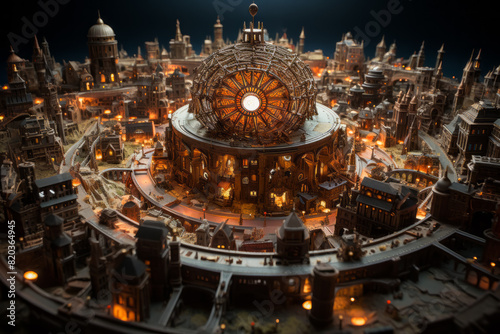 A detailed city model featuring a prominent dome at its center, showcasing urban design and architectural artistry amidst a landscape of buildings and facades, under the night sky