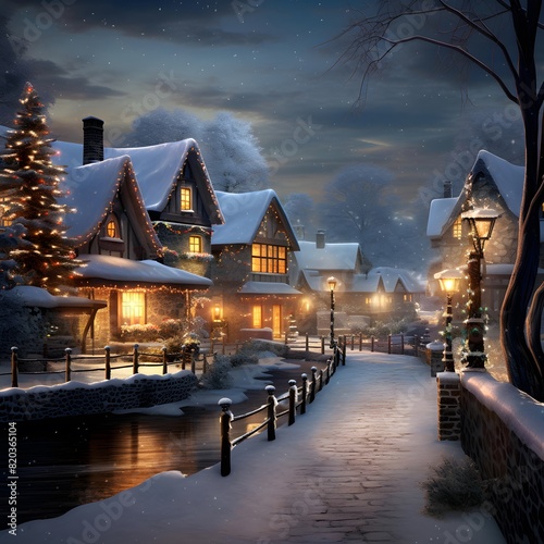 Winter night in the village, Christmas and New Year holidays concept.