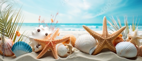 Various seashells and starfish arranged on sandy beach with a scenic ocean and blue sky in the background. Perfect for travel and vacation themes. photo