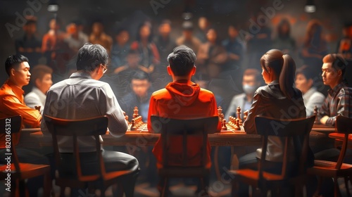 A tense chess match with spectators watching intently photo