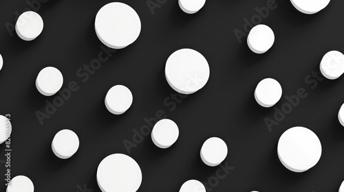 Black and white polka dots pattern with white circles on black background. texture of fabric for textile design.