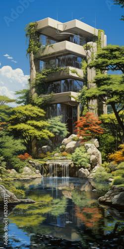 A beautiful painting depicting a building with a cascading waterfall in the foreground, surrounded by trees, under a cloudy sky, capturing a serene natural landscape