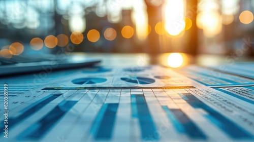 Close up of financial posters with graphs and charts on the table in office, blurred background, blue color 