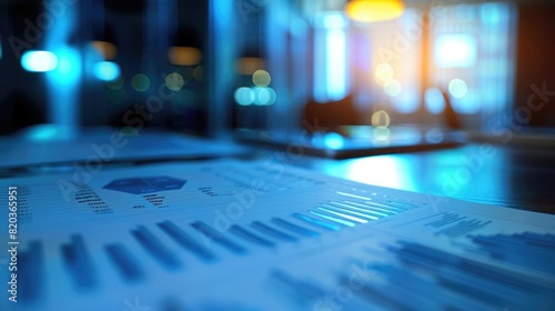 Close up of financial posters with graphs and charts on the table in office, blurred background, blue color 