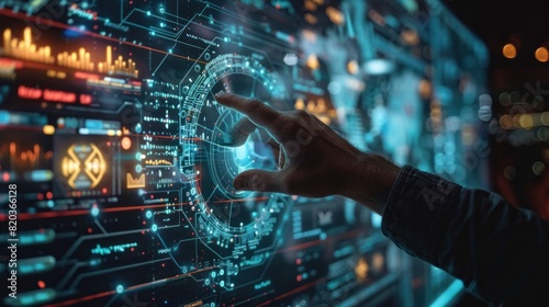 AI Male hand reaching for graphics Developing AI Ethics, Compliance with Standards business policy