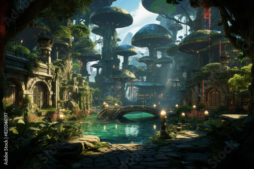 The artwork portrays a serene forest scene filled with mushrooms and towering trees, capturing the tranquility of nature in a picturesque setting