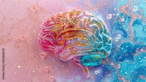 3D brain illustration, intricately carved from shimmering gold, showcasing a futuristic aesthetic with vibrant colors and a complex neural network photo