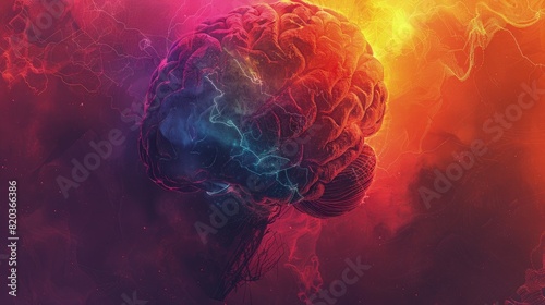 3D brain render depicted in a colorful cosmic, featuring a futuristic theme with vibrant hues and intricate neuron networks photo