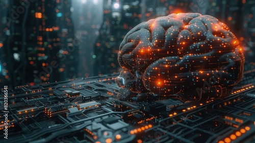 3D brain illustration rendered with meticulous detail, showcasing a futuristic aesthetic and vibrant colors, with the neural network photo
