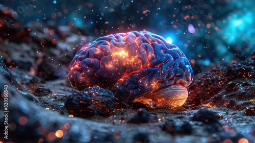 3D brain illustration rendered with meticulous detail, showcasing a futuristic aesthetic and vibrant colors, with the neural network photo