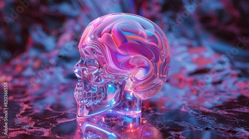 Stunning transparent glass 3D skull, with a futuristic theme. photo