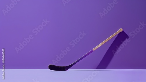 A hockey stick stands propped against a purple wall, ready for action. The stick is made of wood and has a purple blade. photo