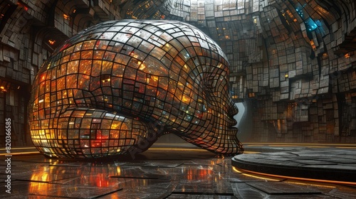 Futuristic theme art museum, brain shaped head. photo