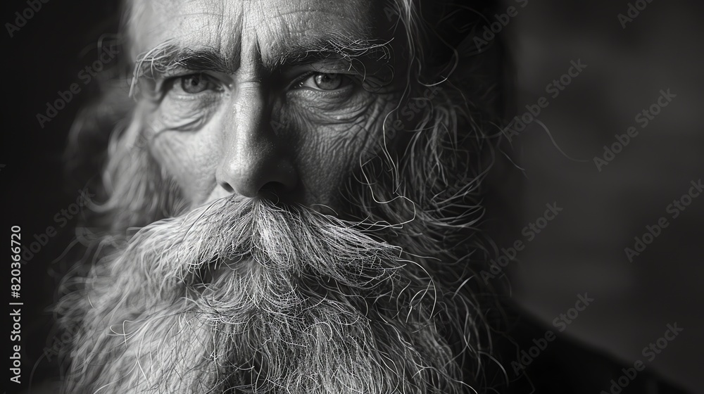 Close up portrait of an old man with a long white beard and mustache. He has a weathered face and a faraway look in his eyes. Close up portrait of an old man with a long white beard and mustache. He has a weathered face and a faraway look in his eyes.