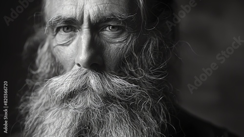 Close up portrait of an old man with a long white beard and mustache. He has a weathered face and a faraway look in his eyes.