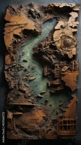 The wooden carving beautifully depicts a river meandering through a lush forest, capturing the intricate details of nature and terrain. The artistry showcases a harmonious blend of wood and art