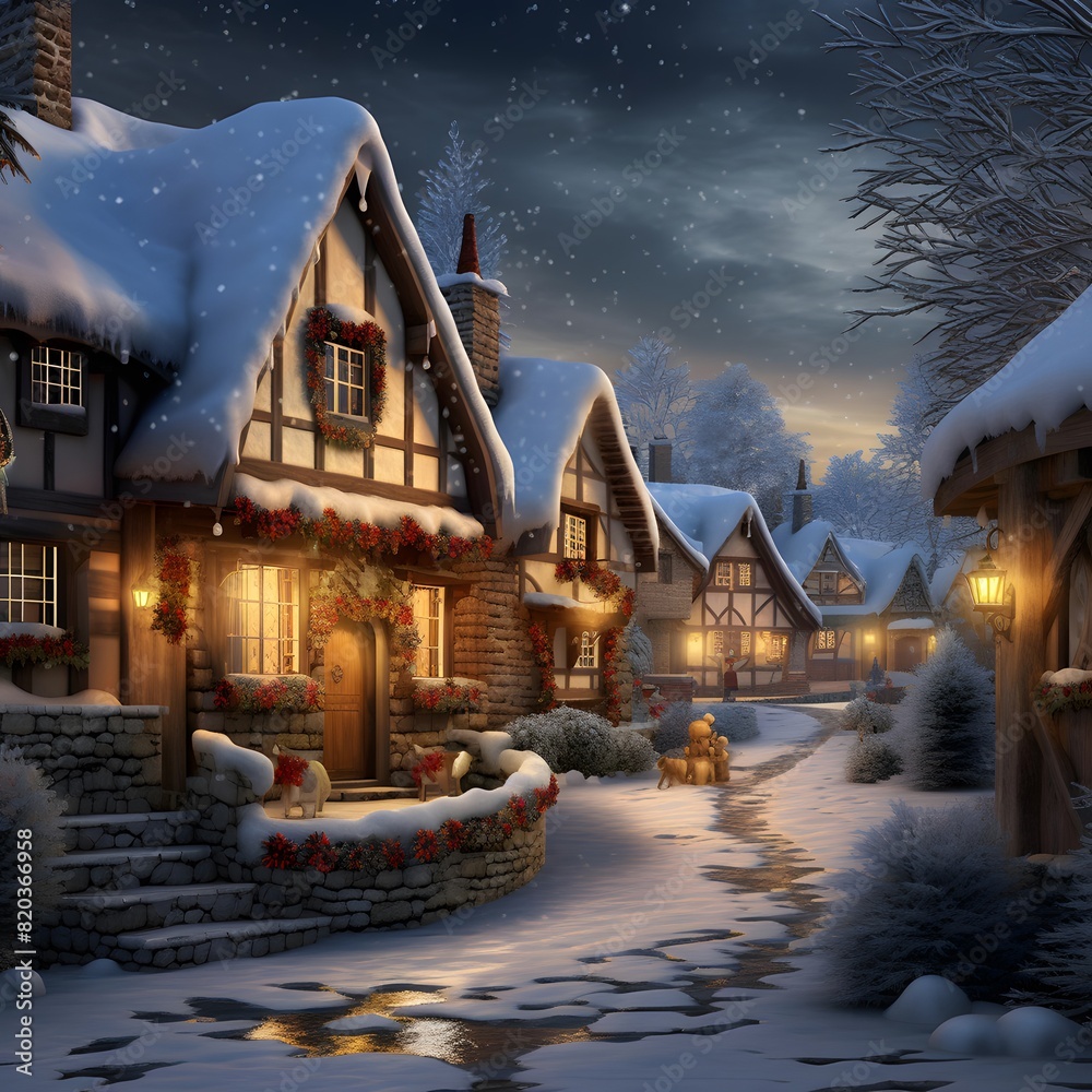 Winter village at night with snow covered houses. 3d illustration.
