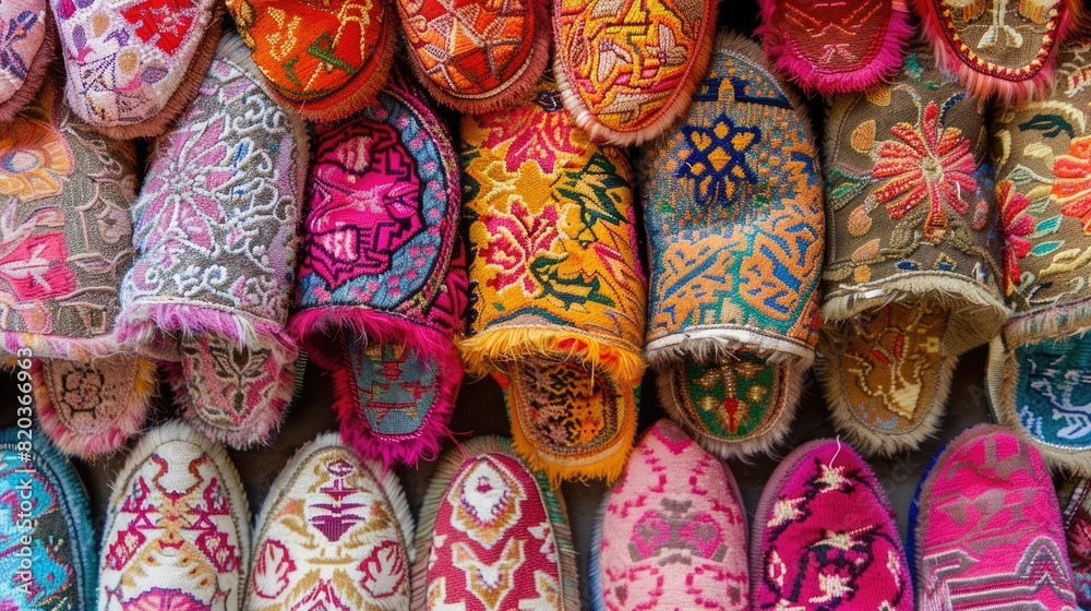Colorful traditional Moroccan slippers in the market, top view, high resolution photography