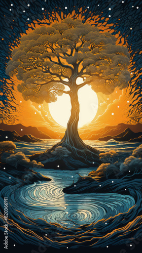 A beautiful painting depicts a tree emerging from the water under a sunset sky, showcasing the harmony of plant life and the liquid world