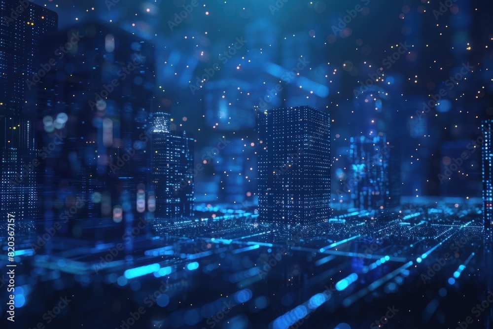 Fototapeta premium Abstract background with blue glowing city lights and cubes on a dark background.