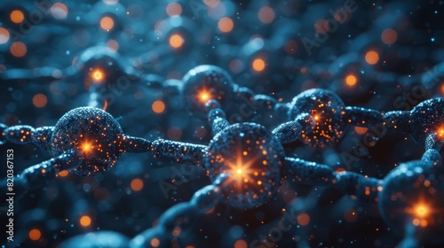 Abstract depiction of a molecule structure with glowing orange particles.