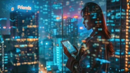 Business woman holding tablet computer with city skyline at night background, illuminated buildings 