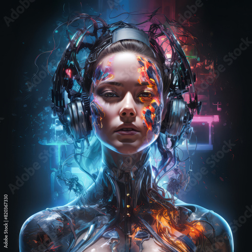 A woman adorned with painting on her face is listening to music through headphones, evoking a sense of artistry and imagination