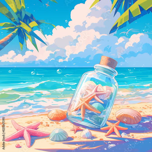 glass bottle on the beach, vacation, summer vacation photo