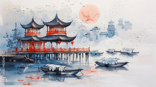 Classic Japanese View in Sumi Ink Painting. Pagoda and Japanese landscape.