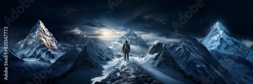 A person is standing on top of a snowcovered mountain, surrounded by darkness and icy terrain, enjoying the winter scenery and recreation in this glacial landscape