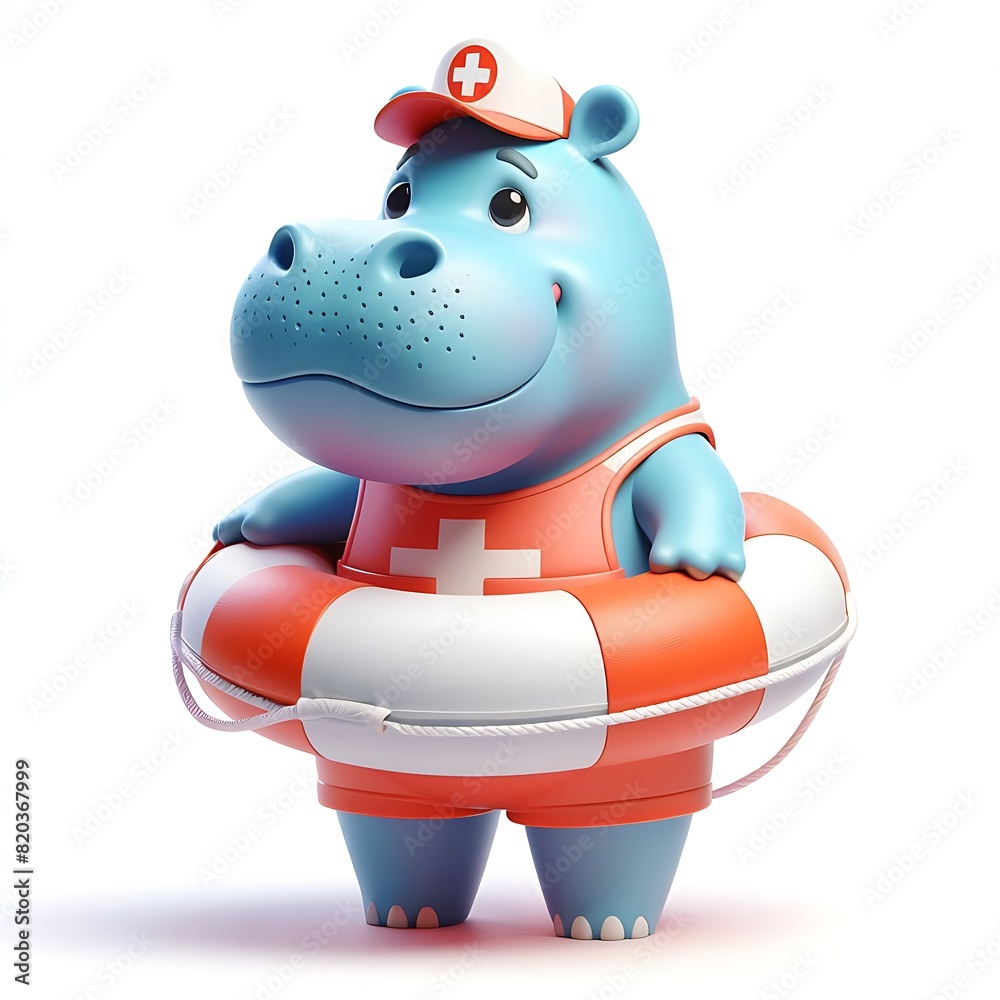 Hippo wearing a lifeguard's buoy at a water park 3D render