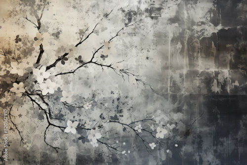The painting depicts a tree branch with flowers in black and white against a gray background, capturing a serene natural landscape with an artistic touch