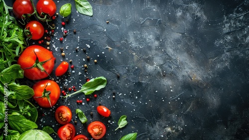 Fresh tomatoes and basil leaves on dark textured background, with scattered spices
