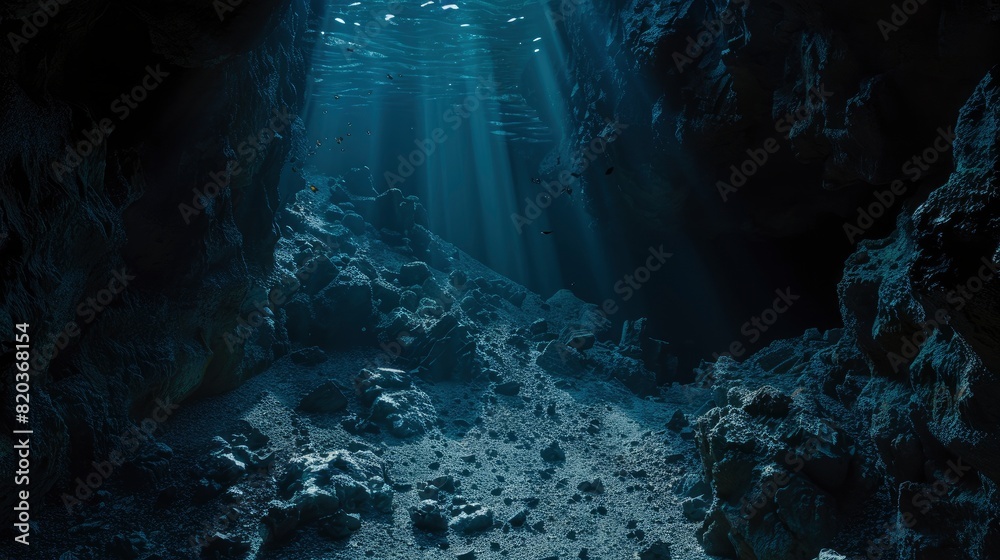 Obraz premium Underwater Sea In A Deep Abyss With Blue Hues And Sunlight Filtering Through, Evoking A Sense Of Mystery And Wonder, High Quality