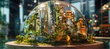 Blue glass globe in city at night, modern green city model view	