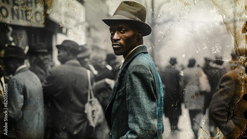 Man in vintage attire stands out bustling, sepia-toned crowd scene