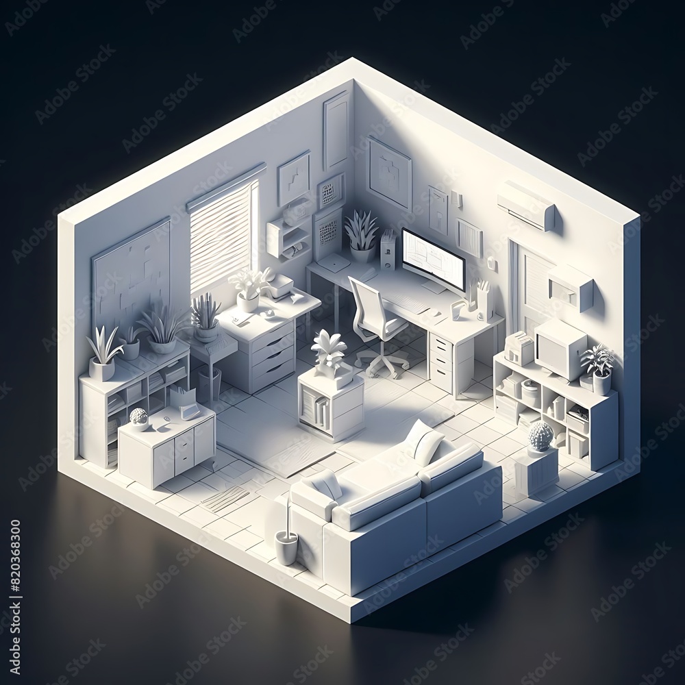 3D render Isometric white diorama of the interior of a Home office minimalist