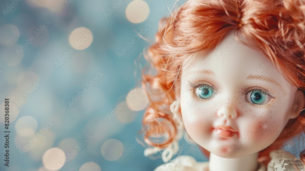 Close-up of doll with red hair and blue eyes against bokeh background Close-up of doll with red hair and blue eyes against bokeh background