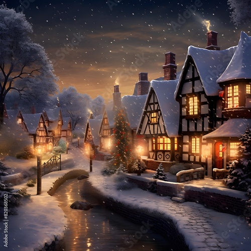Christmas and New Year background with winter houses in the village at night © Iman