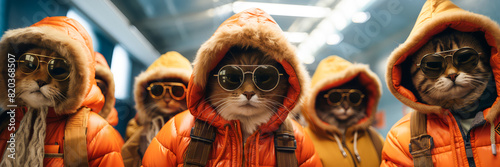 A group of cats in orange jackets and hoods stand together. Keywords include toy, eyewear, art, happy, event, fun, fictional character, macro photography, visual arts, action figure photo