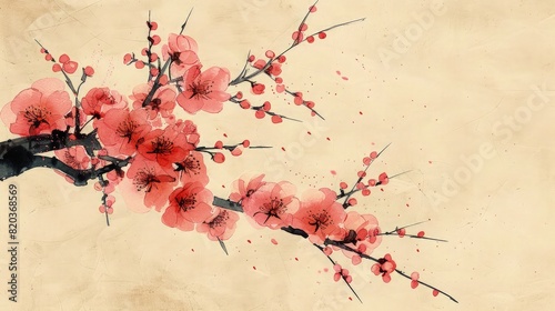 Classic Japanese View in Sumi Ink Painting. Cherry Blossom Tree in sumi ink.