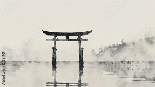 Classic Japanese View in Sumi Ink Painting. Tori gate in sumi ink.