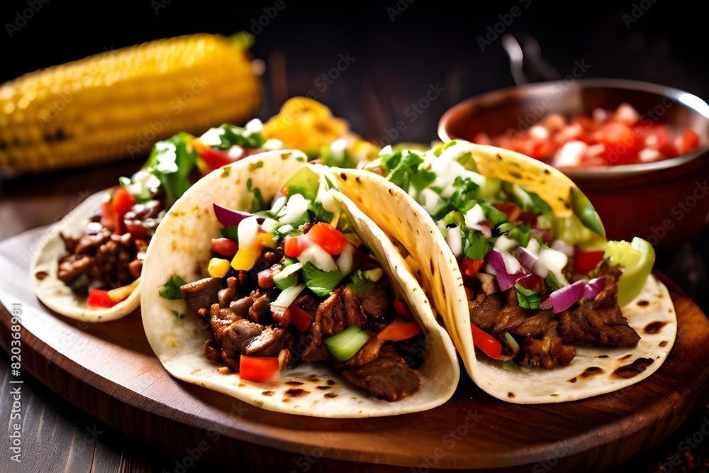 Mexican tacos with beef, corn chips and salsa on wooden background Mexican tacos with beef, corn chips and salsa on wooden background