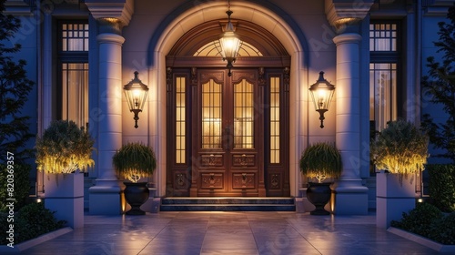 luxury mansion front door at night with lanterns  photo realistic  high resolution 