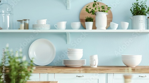 light blue kitchen shelves with white plates and cups on wooden countertop, pastel interior design of modern home studio mockup, close up
