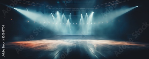 The photo shows the stage with spotlights and fog. photo