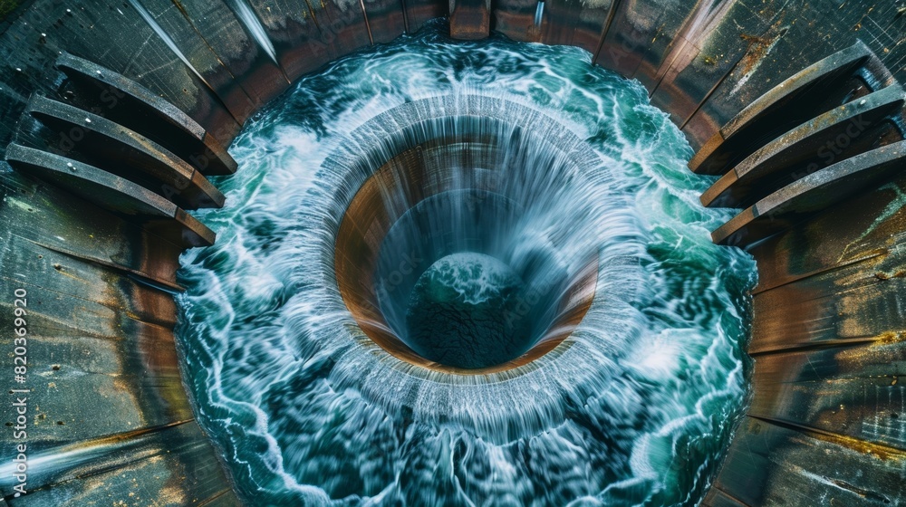 The spinning blades of a hydroelectric turbine surrounded by a swirling pool of water.