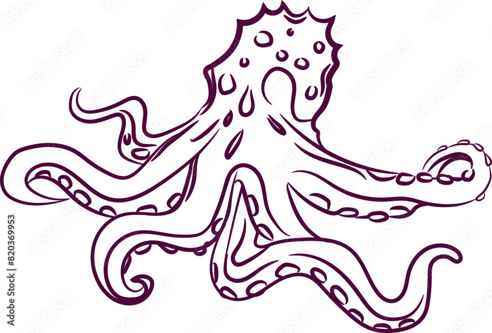 Hand-drawn illustration of an octopus in outline style Hand-drawn illustration of an octopus in outline style