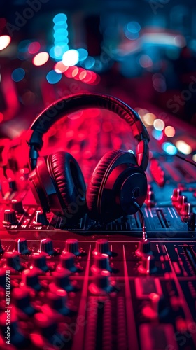 Vibrant Night Club Light Show Illuminating Red Headphones on DJ Deck photo