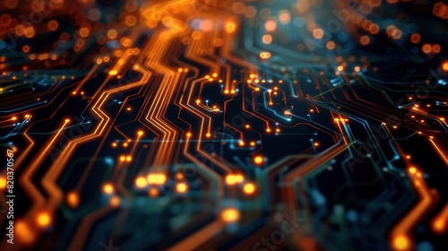 Circuit board background with glowing lights and circuit patterns.